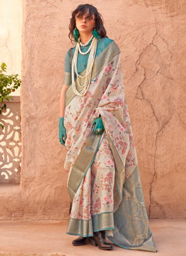 Georgette Off White Traditional Wear Printed Saree